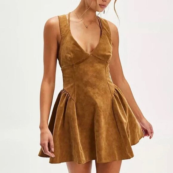 Free People Dresses & Skirts - Free People Suede Vera Mini Dress Women's Size XS/S Brown Soft Fall Backless